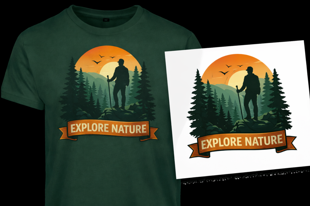 Camiseta personalizada verde con ilustración de excursionista en la naturaleza al atardecer y diseño impreso mediante transfer textil.