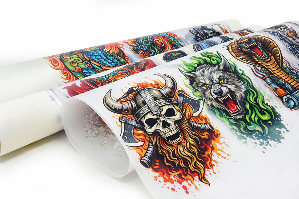 Rollo de transfer textil con ilustraciones gráficas intensas de estilo tattoo y fantasy, con diseños de calaveras, animales y criaturas épicas.