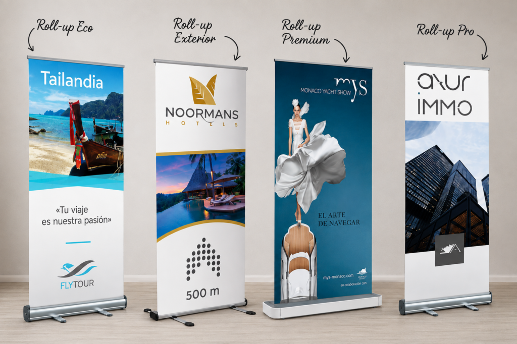 Gama de roll-ups personalizados Eco, Exterior, Premium y Pro